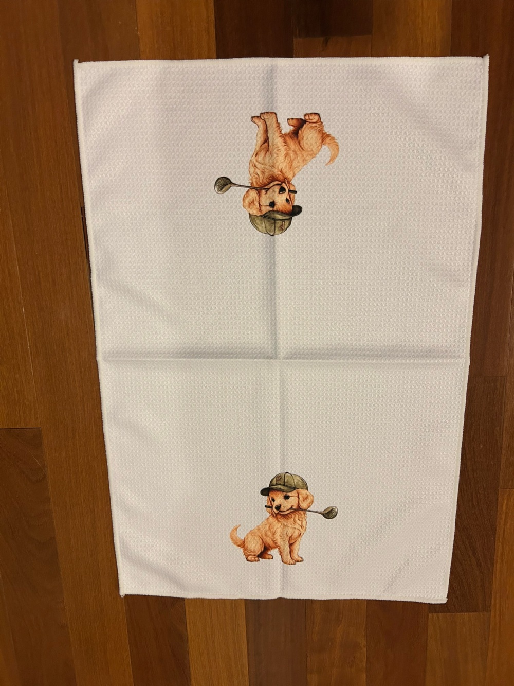 White Kitchen Towel with Cute Dog Golfer Print NWOT